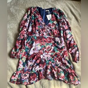 Showpo Fall Floral Ruched and Ruffled Long-Sleeved Mini Dress - Size 14 - NWT